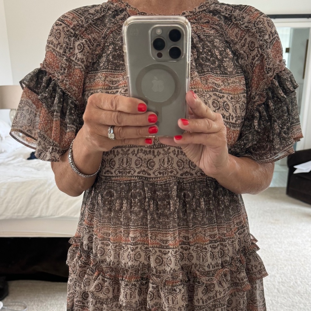 Flouncy Party Dress-Olivaceous Size M-Brown, cream, peach